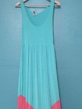 Sleeveless Maxi Dress in Aqua with Coral Accent